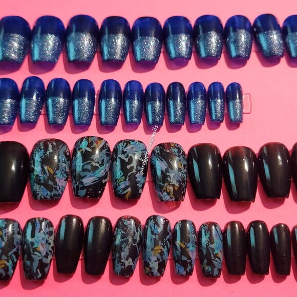 2 Set Short Coffin Blue Shimmer and Black Abstract Press on Nails - Picture 3 of 3